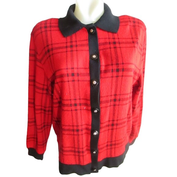 Vintage Women's Medium Cardigan Jacket E.B. Petite Red & Black Plaid 1990's - Picture 2 of 6